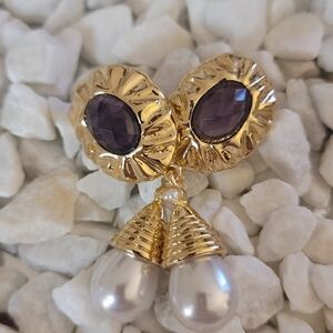 Gold-Tone Earrings with Purple Stones and Pearl Drops